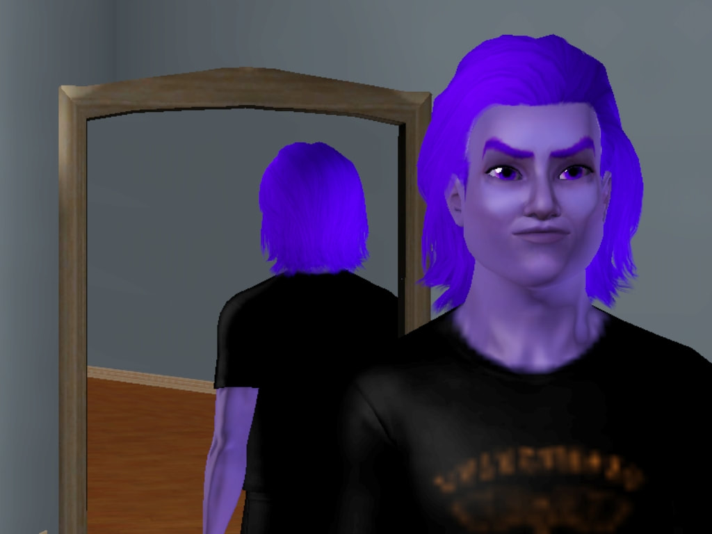 A purple sim with shoulder length hair.