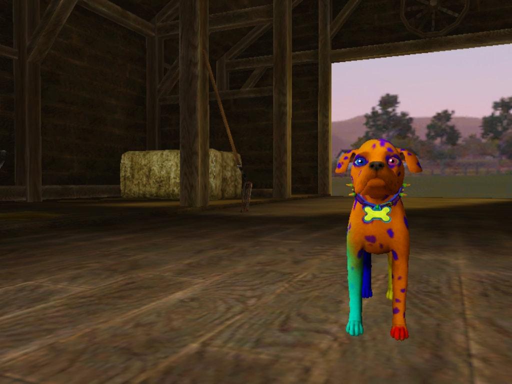 A sim dog, mostly bright orange, with purple spots, and legs in the colors turquoise, yellow, and blue.